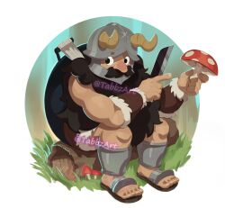 1boy beard dungeon_meshi dwarf facial_hair fake_horns food forest full_body helmet highres holding holding_food holding_knife horned_helmet horns knife log long_beard looking_to_the_side male_focus muscular muscular_male mushroom mustache nature pointing senshi_(dungeon_meshi) sitting solo tabbz thick_mustache very_long_beard wok