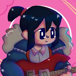 1girl bass_guitar black_eyes black_hair bright_pupils collared_shirt bass_guitar fur-trimmed_jacket fur_trim hair_between_eyes holding holding_bass_guitar holding_instrument instrument jacket knives_chau light_blush pink_background ponytail purple-st4rz-556 scott_pilgrim_(series) scott_pilgrim_takes_off shirt short_hair short_ponytail sidelocks smile tumblr_username white_pupils