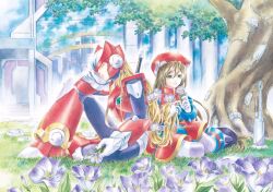 1boy 1girl android armor blonde_hair blue_dress brown_hair closed_eyes dress flower forehead_jewel fujino_yuuki full_body green_eyes hair_flower hair_ornament hat helmet iris_(mega_man) long_hair mega_man_(series) mega_man_x_(series) on_grass outdoors red_armor red_dress red_hat red_helmet sitting tree zero_(mega_man)