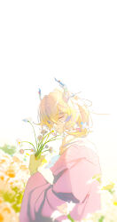 1girl absurdres arknights bare_shoulders blonde_hair bloom blue_hair chinese_commentary choker closed_eyes colored_extremities commentary dragon_girl dragon_horns flower grey_hair heiyan highres holding holding_flower horns long_hair long_sleeves multicolored_hair off_shoulder official_alternate_costume parted_lips pink_choker shu_(arknights) shu_(spring_feast)_(arknights) smelling solo white_flower