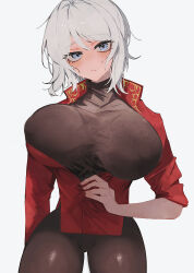 Rule 34 | 1girl, blue eyes, bodysuit, breasts, closed mouth, commentary request, faust (project moon), highres, large breasts, limbus company, long sleeves, looking at viewer, nakame77, project moon, shirt, short hair, simple background, solo, sweat, sweater, white background, white hair