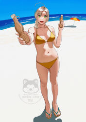1girl barefoot beach beach_umbrella bikini blue_sky bottle breasts bright_pupils cleavage collarbone day foreshortening full_body green_eyes grey_hair hair_tie highres holding holding_bottle horizon incoming_gift kantai_collection kinugasa_(kancolle) kinugasa_kai_ni_(kancolle) looking_at_viewer ocean ojipon open_mouth outdoors revision sidelocks sky smile solo standing swimsuit teeth tupet twitter_username umbrella upper_teeth_only watermark white_pupils yellow_bikini