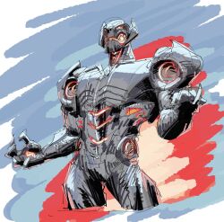 1boy android armor avengers_(series) glowing glowing_eyes highres humanoid_robot male_focus marvel marvel_rivals mecha open_mouth red_eyes robot simple_background solo superebiseeeen ultron