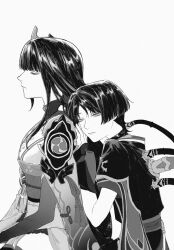 Rule 34 | 1boy, 1girl, behind another, blunt bangs, braid, closed eyes, closed mouth, from side, genshin impact, hair between eyes, hair ornament, hand on another&#039;s back, head on another&#039;s back, highres, japanese clothes, long hair, looking to the side, mitsudomoe (shape), monochrome, mother and son, raiden shogun, scaramouche (genshin impact), short hair, short sleeves, simple background, single braid, sitting, te1081, thighs, tomoe (symbol), white background
