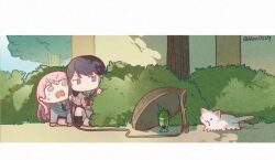 2girls animalization bang_dream! bang_dream!_it&#039;s_mygo!!!!! black_hair brown_dress bush cat chihaya_anon commentary diagonal-striped_clothes diagonal-striped_necktie dress drop_trap green_necktie grey_eyes grey_jacket guagua977 hanasakigawa_school_uniform hashtag-only_commentary hiding jacket kaname_raana long_hair long_sleeves matcha_parfait mole mole_under_eye multiple_girls neck_ribbon necktie open_mouth outdoors pink_hair purple_eyes raana_the_cat red_ribbon ribbon sailor_collar sailor_dress school_uniform shiina_taki striped_clothes sweatdrop twitter_username white_sailor_collar