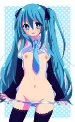 Rule 34 | 1girl, bad id, bad pixiv id, blue eyes, blue hair, breasts, detached sleeves, female focus, hatsune miku, highres, long hair, matching hair/eyes, nail polish, navel, necktie, nipples, open mouth, panties, panty pull, pussy, pussy peek, ryuuga sazanami, small breasts, solo, striped clothes, striped panties, thighhighs, twintails, underwear, very long hair, vocaloid