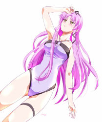 1girl artist_name bow breasts eiyuu_densetsu floating_hair hair_bow kuro_no_kiseki_(series) long_hair long_sidelocks medium_breasts one-piece_swimsuit parted_bangs purple_hair purple_one-piece_swimsuit renne_(eiyuu_densetsu) sidelocks simple_background single_sidelock smile solo swimsuit white_background xiacheng_tatsuya yellow_eyes