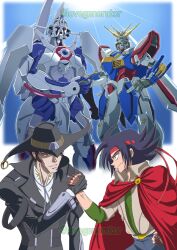Rule 34 | 2boys, black hair, brown hair, cape, commentary, crossover, dann of thursday, domon kasshu, epic handshake (meme), g gundam, gloves, god gundam, gundam, gunxsword, hat, headband, kin-san (sasuraiga), male focus, mecha, meme, multiple boys, robot, science fiction, short hair, smile, super robot, super robot wars, sword, v-fin, van (gunxsword), weapon, wings