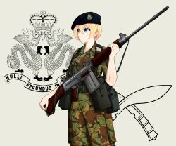 Rule 34 | 1girl, belt, black hat, braid, camouflage, camouflage pants, camouflage shirt, commentary, cowboy shot, darjeeling (girls und panzer), edward y brad, emblem, english commentary, girls und panzer, green pants, green shirt, grey background, gun, harness, hat, highres, holding, holding gun, holding weapon, latin text, looking to the side, military hat, military uniform, mixed-language commentary, pants, shirt, short hair, short sleeves, solo, standing, utility belt, weapon, weapon request