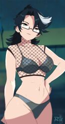 1girl artist_name bra breasts brown_eyes cleavage fishnet_top fishnets glasses green_bra green_hair green_panties highres long_hair looking_at_viewer medium_breasts mixed-language_commentary multicolored_hair navel panties parted_bangs r3dfive ray_yersin rectangular_eyewear solo two-tone_hair underwear white_hair zenless_zone_zero