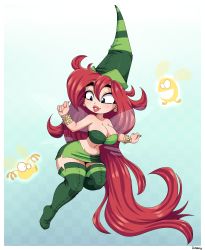 1girl absurdres bare_shoulders betilla boots bracelet breasts curvy earrings full_body green_thighhighs hat highres jewelry large_breasts lips long_hair midriff miniskirt navel parted_lips red_hair simmsy skirt strapless thick_thighs thigh_boots thighhighs thighs tube_top very_long_hair