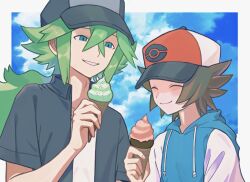 Rule 34 | 2boys, ^ ^, arm up, baseball cap, black shirt, blue eyes, border, brown hair, closed eyes, cloud, collared shirt, drawstring, food, green hair, hair between eyes, hair intakes, hat, hilbert (pokemon), holding, holding food, holding ice cream cone, hood, hoodie, ice cream, ice cream cone, layered clothes, long hair, long sleeves, looking at food, low ponytail, male focus, multicolored hat, multicolored hoodie, multiple boys, n (pokemon), nintendo, open clothes, open shirt, outside border, poke ball symbol, pokemon, pokemon bw, ponytail, shirt, short sleeves, sky, smile, undershirt, upper body, white border, white shirt, zero (sleepy meltan)