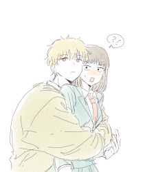 Rule 34 | !?, 1boy, 1girl, black eyes, blonde hair, blush, brown eyes, brown hair, dabln hl, hetero, highres, hug, hug from behind, iwakura mitsumi, long sleeves, necktie, red necktie, school uniform, shima sousuke, skip to loafer, white background