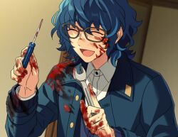 Rule 34 | 1boy, ^ ^, aoba tsumugi, black-framed eyewear, blood, blood on clothes, blood on face, blood stain, blue hair, blue jacket, buttons, chinese commentary, closed eyes, collared jacket, collared shirt, commentary request, ensemble stars!, glasses, hair between eyes, happy, holding, holding screwdriver, holding wrench, indoors, jacket, kitakawayui, layered sleeves, long sleeves, male focus, messy hair, open clothes, open jacket, open mouth, screwdriver, shirt, short hair, shouji, sliding doors, smile, solo, upper body, white shirt, wrench