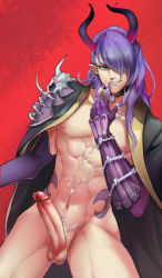 1boy abs cum cum_on_body demon erection grin highres horns male_focus muscular nipples nude onmyoji pectorals penis purple_hair smile smirk solo tagme tattoo testicles undressing vimen_qian_yan yasha_(onmyoji)
