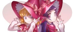 2girls asahina_mirai blunt_bangs hands_in_hair hat izayoi_liko long_hair long_sleeves looking_at_viewer magic_school_uniform_(mahou_girls_precure!) mahou_girls_precure! multiple_girls murakami_hisashi orange_hair pink_eyes precure puffy_sleeves purple_eyes purple_hair red_ribbon ribbon school_uniform shaded_face simple_background smile witch_hat