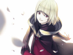 1girl blonde_hair child drag-on_dragoon drag-on_dragoon_1 dress echo_(circa) falling_petals gloves lips looking_at_viewer manah petals red_dress red_eyes short_hair simple_background smile solo white_background