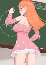 Rule 34 | 1girl, absurdres, ass, breasts, chalk, chalkboard, detached sleeves, dress, highres, holding, holding chalk, hololive, hololive english, medium breasts, orange hair, pink dress, purple eyes, shift (shiftillust), shorts under dress, solo, takanashi kiara, takanashi kiara (perfume), virtual youtuber