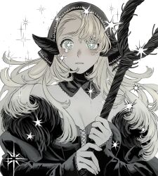 Rule 34 | + +, 1girl, ambrosia (dungeon meshi), bare shoulders, black collar, breasts, cleavage, collar, commentary request, criss-cross strings, detached collar, detached hood, dress, dungeon meshi, ear covers, floating hair, frilled collar, frills, fur-trimmed dress, fur trim, green eyes, grey hair, greyscale, highres, holding, holding staff, long hair, long sleeves, looking at viewer, mage staff, marcille donato, marcille donato (lord), medium breasts, monochrome, parted lips, puffy long sleeves, puffy sleeves, sasakura34, simple background, single tear, solo, sparkle, spot color, staff, straight-on, upper body, white background