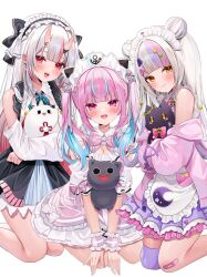3girls :d ahoge anchor_symbol apron aqua_hair bandaid bandaid_on_leg black_bow black_skirt blue_ribbon blunt_bangs blush bow bowtie breasts center-flap_bangs cleavage closed_mouth clothing_cutout collared_shirt double_bun dress fang frilled_apron frilled_dress frilled_hairband frilled_sailor_collar frilled_shirt frilled_shirt_collar frilled_wrist_cuffs frills gradient_hair grey_hair hair_between_horns hair_bow hair_bun hair_ornament hairband high-waist_skirt highres holding hololive horns jacket jacket_partially_removed kneeling long_hair long_sleeves looking_at_viewer maid_headdress minato_aqua minato_aqua_(8th_costume) multicolored_hair multiple_girls murasaki_shion murasaki_shion_(magical_girl_maid) nakiri_ayame nakiri_ayame_(girly) neck_ribbon neko_(minato_aqua) official_alternate_costume official_alternate_hairstyle ohagetty oni open_clothes open_jacket open_mouth pinafore_dress pink_bow pink_bowtie pink_dress pink_hair pink_jacket pink_wrist_cuffs pinstripe_pattern pinstripe_skirt poyoyo_(nakiri_ayame) puffy_short_sleeves puffy_sleeves purple_dress purple_eyes purple_hair purple_thighhighs red_eyes red_hair ribbon sailor_collar shiokko_(murasaki_shion) shirt short_eyebrows short_sleeves shoulder_cutout side_up_bun sidelocks simple_background single_thighhigh sitting skin-covered_horns skirt sleeveless sleeveless_dress smile star_(symbol) star_hair_ornament streaked_hair suspender_skirt suspenders teeth thighhighs triangle_hair_ornament twintails two-tone_hair upper_teeth_only virtual_youtuber white_apron white_background white_hair white_headdress white_shirt wrist_cuffs yellow_eyes yokozuwari