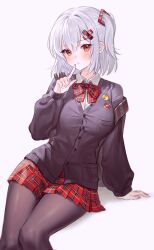 1girl black_pantyhose black_shirt bow bowtie breasts buttons collared_shirt dress_shirt fymrie hair_ornament hand_up highres long_sleeves looking_at_viewer medium_breasts medium_hair miniskirt one_side_up original pantyhose parted_lips plaid_clothes plaid_skirt pleated_skirt red_eyes red_skirt school_uniform shirt simple_background sitting skirt solo undershirt white_background white_hair
