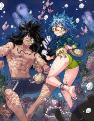1boy 1girl abs animal ass barefoot bead_bracelet beads bikini black_hair blue_background blue_hair blue_male_swimwear blue_swim_trunks bracelet breasts cameltoe cat diving diving_mask fairy_tail fish gajeel_redfox goggles green_bikini grin holding jellyfish jewelry levy_mcgarden long_hair male_swimwear muscular muscular_male necklace pantherlily pectorals print_male_swimwear print_swim_trunks rusky side-tie_bikini_bottom small_breasts smile swim_trunks swimming swimsuit teeth underwater
