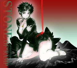 1girl arm_support black_dress black_hair blood breasts cleavage dress full_body hashtag-only_commentary high_heels highres looking_at_viewer messy_hair original parted_lips pointy_ears short_dress short_hair sleeves_past_wrists solo thighs yanghua_gaizi