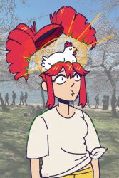 Rule 34 | 1girl, ahoge, animal, animal on head, bird, birdbrain (synthesizer v), ceelacanth, chicken, detached hair, drill hair, hair between eyes, highres, kasane teto, on head, pantyhose, photo background, red eyes, red hair, shirt, short hair, short sleeves, sidelocks, solo, synthesizer v, tied shirt, twin drills, utau, white shirt