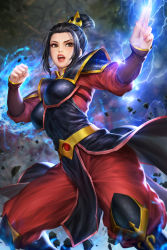 1girl avatar:_the_last_airbender avatar_legends azula black_hair breasts brown_eyes chest_guard cowboy_shot electricity electrokinesis fighting_stance hair_bun highres lightning long_bangs medium_breasts neoartcore open_mouth paid_reward_available solo tagme teeth topknot
