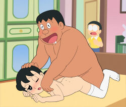 1girl 2boys black_hair blush doraemon fat gouda_takeshi minamoto_shizuka multiple_boys nobi_nobita nude one_eye_closed open_mouth sex size_difference twintails
