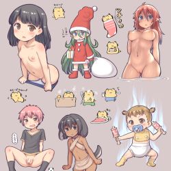 1boy 5girls :3 aaaa_(quad-a) age_difference animal_ears baby bad_id bad_pixiv_id bar_censor bib black_hair black_legwear black_shirt blouse blush bottomless breasts brown_background cat cat_ears cat_tail censored christmas cleft_of_venus clothes_pull collarbone dark_skin diaper dog_ears dog_tail dress flaccid flat_chest foreskin full_body gift green_hair hair_between_eyes hat highres loli long_hair looking_at_viewer mandragora medium_breasts multiple_girls musical_note navel nipples no_panties one-piece_swimsuit_pull open_mouth original penis pointless_censoring pointy_ears pussy pussy_peek rattle red_dress red_hat rubber_duck santa_hat shirt shota simple_background sitting small_breasts socks spread_legs standing tail testicles twintails v-shaped_eyebrows very_long_hair whiskers