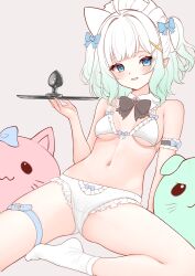 1girl absurdres armband black_bow black_bowtie blue_bow blue_eyes bow bow_bra bow_panties bowtie bra breasts breasts_apart butt_plug commentary detached_collar fang frilled_armband frilled_panties frills gradient_hair green_hair hairband heart highres holding holding_tray honon indie_virtual_youtuber looking_at_viewer mint_fantome multicolored_hair navel open_mouth panties pointy_ears ringed_eyes sex_toy skin_fang socks solo thigh_strap tray underboob underwear virtual_youtuber white_bra white_hair white_panties white_socks