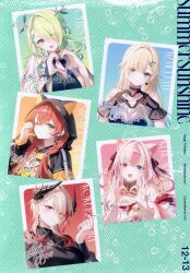 5girls absurdres aizawa_ema animal_ears animal_hood bare_shoulders black_gloves blonde_hair bridal_gauntlets ceres_fauna closed_mouth earrings finger_heart gloves green_hair hair_ornament hair_over_one_eye hand_up hands_up heart heart_hands highres hololive hololive_english hood horns jewelry kokuyou_lira kurokiri_aria light_brown_hair mole mole_under_eye multicolored_hair multiple_girls nijisanji one_eye_closed open_mouth pink_hair red_hair scan shishido_akari signature single_bridal_gauntlet smile splivyou streaked_hair toosaka_asagi vee_(vtuber) virtual_youtuber vspo! yellow_eyes