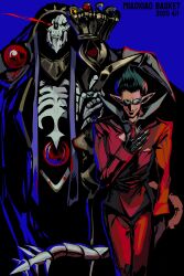 2boys absurdres ainz_ooal_gown black_hair black_robe demiurge_(overlord) demon_boy demon_tail formal_clothes glowing glowing_eye hair_slicked_back highres holding holding_staff lich looking_at_viewer miaoxiaolan83263 multiple_boys overlord_(maruyama) pointy_ears red_suit robe skeleton smile staff suit tail
