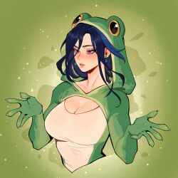 Rule 34 | 1girl, absurdres, animal costume, animal hood, black hair, blue hair, blush, breasts, cleavage, clorinde (genshin impact), collarbone, earrings, frog costume, genshin impact, green background, hawk (hawk1275565), highres, hood, jewelry, large breasts, multicolored hair, parted lips, purple eyes, solo, streaked hair, upper body