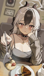 1girl :o absurdres bare_shoulders black_choker black_dress black_hair blue_archive blush breasts brown_jacket choker cleavage commentary_request demon_girl demon_horns dress food grey_halo halo highres holding holding_spoon horns incoming_food jacket kayoko_(blue_archive) kayoko_(dress)_(blue_archive) long_hair mole mole_on_neck multicolored_hair official_alternate_costume official_alternate_hairstyle p1n pie red_eyes small_breasts solo spoon white_hair