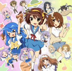 &gt;_&lt; 00s 6+girls =_= akiyama_mio animal_ears asahina_mikuru bad_id bad_pixiv_id black_hair blue_eyes blue_hair blush book brown_eyes brown_hair cat_ears chibi chocolate_cornet closed_eyes crossover everyone fish food glasses hair_ornament hairband hairclip hiiragi_kagami hiiragi_tsukasa hirasawa_yui ho-kago_tea_time izumi_konata k-on! kneehighs koizumi_itsuki kotobuki_tsumugi kyon long_hair lucky_star maid maruki_(punchiki) miyuki mole mole_under_eye multiple_girls musical_note nagato_yuki nakano_azusa necktie planet pointing purple_eyes purple_hair school_uniform serafuku short_hair siblings sisters skirt socks star_(symbol) suzumiya_haruhi suzumiya_haruhi_no_yuuutsu sweatdrop tainaka_ritsu taiyaki takara_miyuki takoyaki twins twintails wagashi
