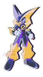 1boy arm_cannon baron-0628 bass.exe_(mega_man) black_bodysuit black_helmet bodysuit dated forehead_jewel full_body grey_background helmet highres male_focus mega_man_(series) mega_man_battle_network_(series) netnavi red_eyes simple_background solo weapon