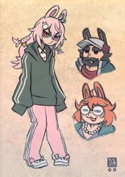 1boy 2girls :3 =_= ahoge angry animal_ears artist_logo artist_name bandeau baseball_cap beard black_eyes black_hair bow braid casual closed_mouth commentary cowlick crocs cropped_torso cross-laced_clothes double_vertical_stripe ear_bow english_commentary facial_hair faux_traditional_media flipped_hair frown full_body glasses green_hoodie green_jacket grey_shirt hair_between_eyes hair_ornament hat highres hood hood_down hoodie jacket jewelry jitome ko-fi_logo logo long_hair mamakin_(pipkin_pippa) medium_hair multiple_girls mustache necklace open_mouth orange_hair oversized_clothes pants papakin_(pipkin_pippa) patreon_logo pearl_necklace phase_connect pink_bandeau pink_eyes pink_hair pink_pants pipkin_pippa rabbit_ears rabbit_hair_ornament red_hat red_shirt rimless_eyewear round_eyewear shirt short_hair sidelocks sindraws sleeves_past_fingers sleeves_past_wrists standing star_(symbol) star_hair_ornament straight_hair thick_eyebrows track_pants twin_braids two-tone_hat upper_body v-shaped_eyebrows virtual_youtuber white_hat yellow_background
