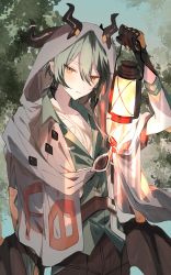 Rule 34 | 1boy, blue sky, closed mouth, collared shirt, eve (meltdown), green eyes, green shirt, grey jacket, hair between eyes, highres, holding, holding lantern, honkai (series), honkai impact 3rd, horns, jacket, kosma, lantern, long sleeves, looking at viewer, medium hair, orange eyes, outdoors, pointy ears, shirt, sky, solo, tree