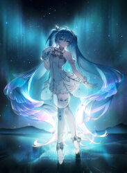 1girl absurdres ahoge aurora bare_shoulders blue_eyes blue_hair bow bowtie closed_mouth commentary_request double-parted_bangs dress full_body gloves hand_up hatsune_miku highres kanvien long_hair looking_at_viewer miku_symphony_(vocaloid) shoes short_dress smile solo standing strapless strapless_dress thighhighs tiptoes twintails very_long_hair vocaloid watermark white_bow white_bowtie white_dress white_gloves white_shoes white_thighhighs