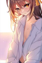 Rule 34 | 1girl, absurdres, alternate costume, backlighting, blush, breasts, brown eyes, brown hair, cleavage, dress shirt, glowing, hair ribbon, highres, hololive, hololive english, light frown, light particles, looking at viewer, nanashi mumei, open clothes, open shirt, oversized clothes, partially unbuttoned, ribbon, shirt, the0neulost, virtual youtuber, yellow ribbon