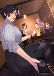 4girls absurdres alcohol all_fours beer black_blindfold black_bra black_hair black_pantyhose black_skirt blindfold bra breasts brown_hair cup earrings grey_shirt highres holding holding_cup holding_phone jewelry kagematsuri lips mole mole_under_mouth multiple_girls office_lady original pantyhose parted_lips pencil_skirt phone shirt short_hair sitting skirt tongue tongue_out twitter_username underwear