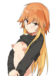 1girl :c annoyed black_shirt blonde_hair blush breasts cleavage closed_mouth clothes_lift embarrassed eyebrows_hidden_by_hair from_side frown hair_between_eyes hair_extensions hand_on_own_arm holding_own_arm idolmaster idolmaster_cinderella_girls long_hair long_sleeves looking_at_viewer looking_to_the_side muchi_maro multicolored_hair narrowed_eyes navel ninomiya_asuka nipples no_bra orange_hair perky_breasts purple_eyes shirt shirt_lift simple_background small_breasts solo stomach sweat tsurime two-tone_hair upper_body v-shaped_eyebrows white_background