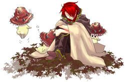 1boy autumn brown_capelet brown_pants brown_shoes cape capelet closed_eyes commentary_request creature full_body hair_between_eyes hair_over_one_eye makishi_yaichi male_focus mushroom open_mouth pants ragnarok_online red_hair shoes short_hair simple_background sleeping sleeping_upright solo spore_(ragnarok_online) squeans white_background white_cape wizard_(ragnarok_online)