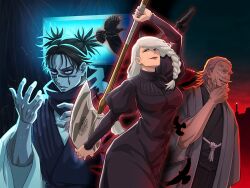 Rule 34 | 1girl, 2boys, absurdres, artist request, axe, bird, black dress, black feathers, black hair, black scarf, braid, braided bangs, braided ponytail, breasts, choso (jujutsu kaisen), crow, dress, facial tattoo, feathers, hair over face, highres, holding, holding axe, japanese clothes, jujutsu kaisen, large breasts, long hair, long sleeves, looking at viewer, mei mei (jujutsu kaisen), multiple boys, official art, old, old man, puffy sleeves, red lips, robe, scar, scar on face, scarf, shirt, short hair, short twintails, smile, tattoo, tight clothes, tight dress, turtleneck, turtleneck dress, twintails, upper body, white hair, white robe, zen&#039;in naobito