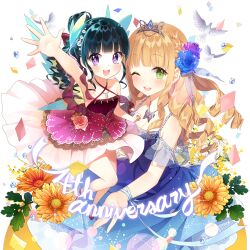 2girls anna_(uchi_no_hime-sama_ga_ichiban_kawaii) armpits black_hair blonde_hair blue_dress blunt_bangs dress drill_hair flower green_eyes hair_flower hair_ornament lina_princella long_hair looking_at_viewer multiple_girls off_shoulder purple_eyes red_dress rose salt_(salty) silver_tiara sunflower uchi_no_hime-sama_ga_ichiban_kawaii very_long_hair