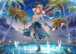 1girl ;) absurdres blue_gemstone blue_hair blue_skirt blue_sky brooch circlet clothing_cutout commentary_request crop_top dancer desert from_side full_body gem genshin_impact gold_anklet gold_circlet gold_headdress gold_thighlet gold_trim gradient_hair high_heels highres jewelry long_hair midriff multicolored_hair navel night night_sky nilou_(genshin_impact) one_eye_closed outdoors palm_tree parted_bangs puffy_sleeves red_hair sand shooting_star skirt sky smile solo splashing star_(sky) stomach tree veil water white_veil yuno_kaihara