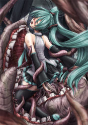 Rule 34 | 1girl, bare shoulders, black thighhighs, blush, boots, closed eyes, detached sleeves, faith (sbi), female focus, green hair, hatsune miku, long hair, necktie, number tattoo, open mouth, restrained, saliva, skirt, solo, tattoo, teeth, tentacle sex, tentacles, thigh boots, thighhighs, twintails, very long hair, vocaloid, vore, zettai ryouiki