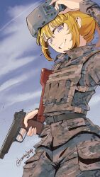1girl 35th_marine_brigade ammunition_pouch artist_name bad_link belt belt_around_waist blonde_hair blue_sky body_armor brown_jacket brown_pants bulletproof_vest camouflage camouflage_jacket cargo_pants cloud cloudy_sky commissioner_source digital_camouflage fang from_below grin gun handgun_stock highres holding holding_removed_eyewear holding_weapon jacket long_hair looking_at_viewer military military_combat_uniform military_jacket military_operator military_uniform omiglop open_collar pants pouch purple_eyes signature sky smile solo standing stechkin_aps tanya_degurechaff tanya_degurechaff_(sleepwalker) unworn_eyewear weapon weapon_request youjo_senki